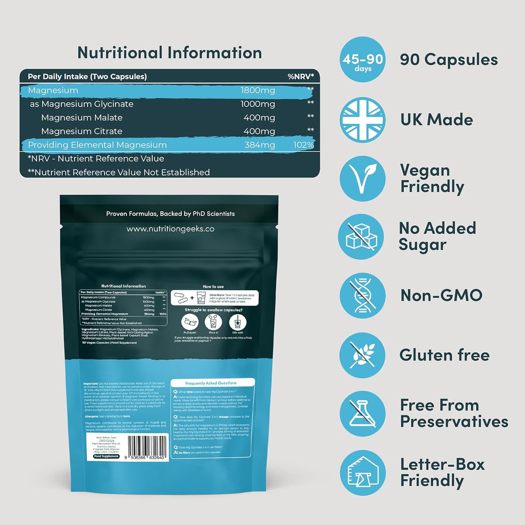 Magnesium Glycinate 3-In-1 Complex - 1800Mg Supplements as Bisglycinate, Citrate & Malate 90 Vegan Capsules, Triple High Absorption 384Mg Elemental, UK Made (Packaging Design May Vary)