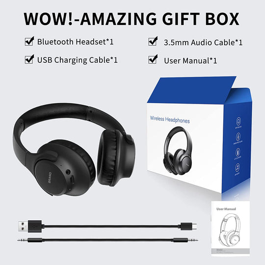 Bluetooth Headphones over Ear, 65 Hours Playtime Wireless Headphones with Microphone, Foldable Lightweight Headset with Deep Bass,Hifi Stereo Sound for Travel Work PC Cellphone (Black)