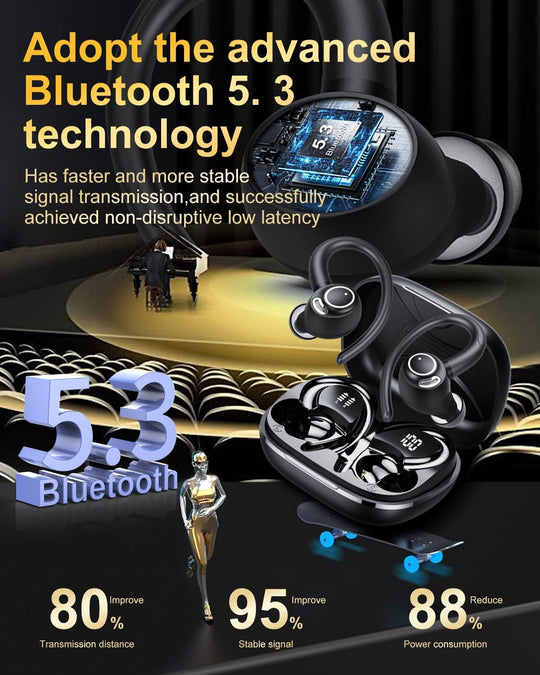 Wireless Earbuds, Bluetooth 5.3 Headphones, 2025 Wireless Earphones Hifi Stereo Sound with ENC Mic, Sport Headsets in Ear Earhooks for Running, 40H Dual LED Display, IP7, Black