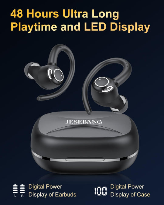 Wireless Earbuds, Bluetooth 5.3 Headphones, 2025 Wireless Earphones Hifi Stereo Sound with ENC Mic, Sport Headsets in Ear Earhooks for Running, 40H Dual LED Display, IP7, Black
