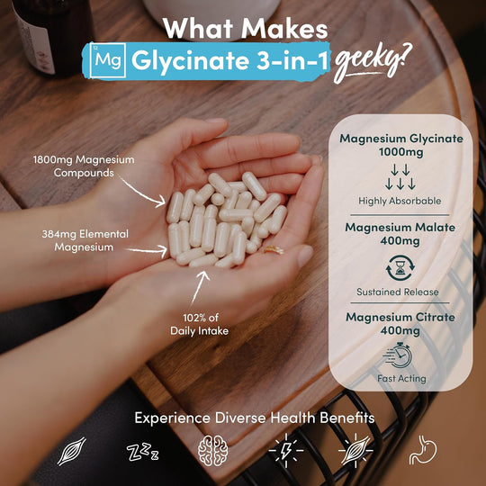 Magnesium Glycinate 3-In-1 Complex - 1800Mg Supplements as Bisglycinate, Citrate & Malate 90 Vegan Capsules, Triple High Absorption 384Mg Elemental, UK Made (Packaging Design May Vary)