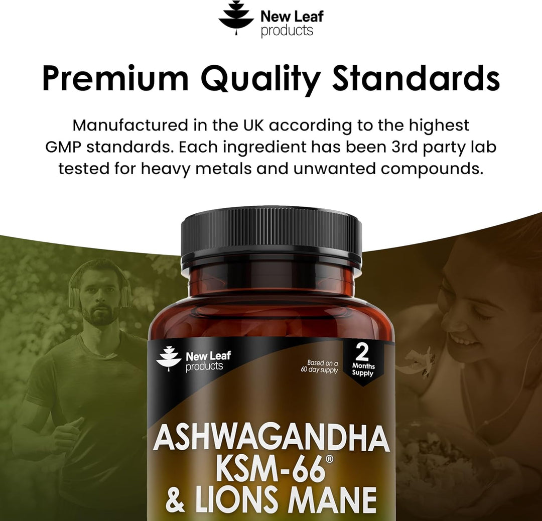 Ashwagandha KSM-66 and Lions Mane Capsules - High Strength 2000Mg KSM-66 Ashwaghandha Root Extract and Lions Mane Mushroom Extract - 120 Vegan Capsules with Black Pepper - UK Made by New Leaf