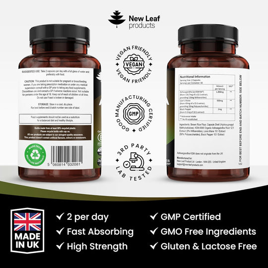 Ashwagandha KSM-66 and Lions Mane Capsules - High Strength 2000Mg KSM-66 Ashwaghandha Root Extract and Lions Mane Mushroom Extract - 120 Vegan Capsules with Black Pepper - UK Made by New Leaf
