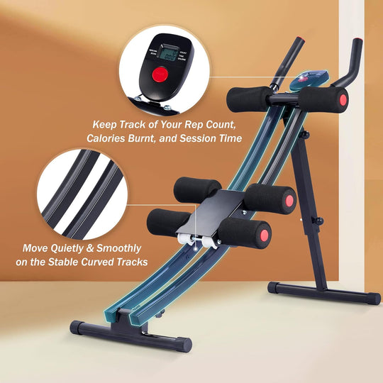 Ab Machine for Home Gym, Core Strength Training Equipment for Home Fitness, Ab Crunch Coaster with 4 Intensities and Digital Display, Foldable Core Trainer for Abdominal
