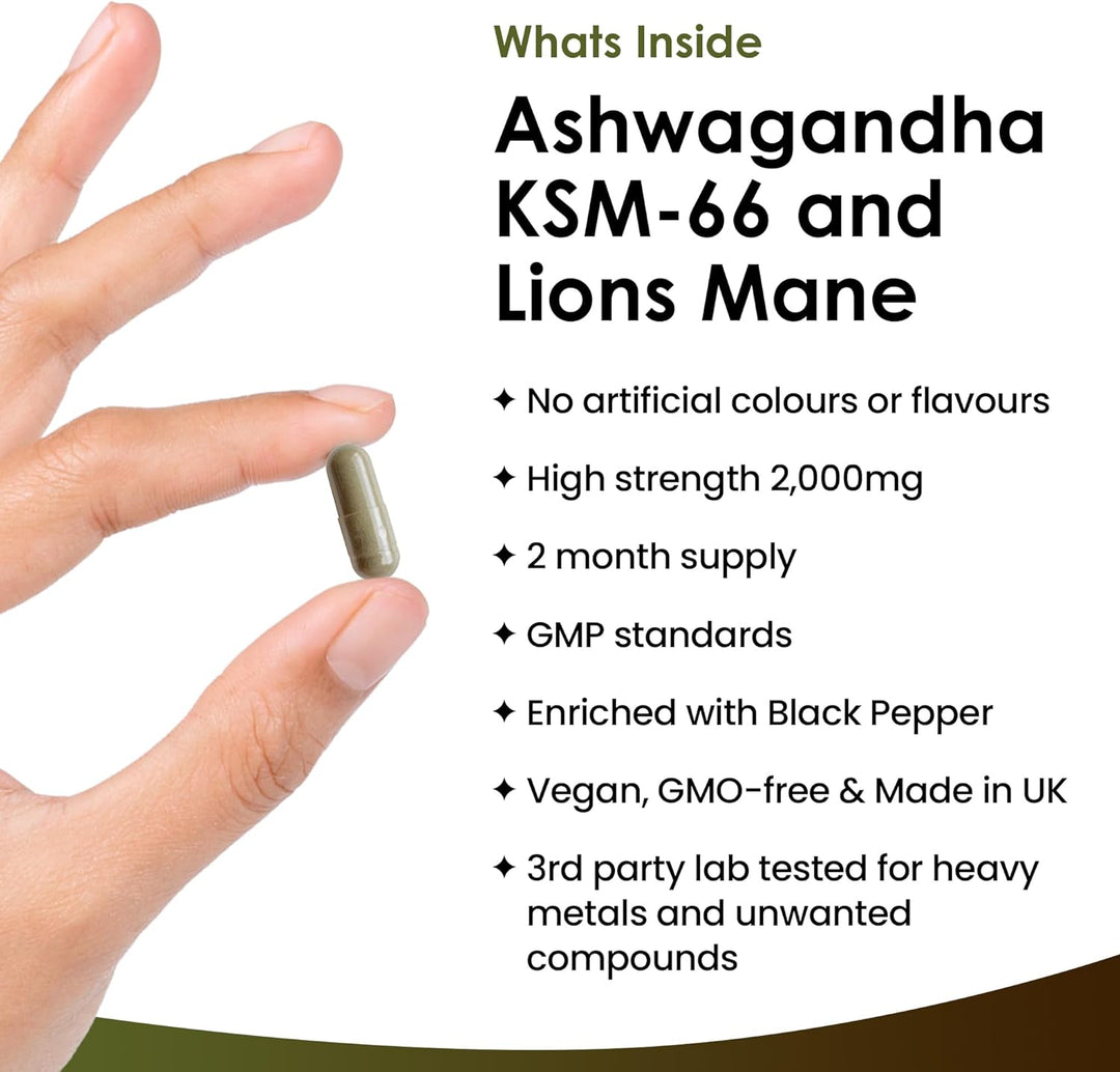 Ashwagandha KSM-66 and Lions Mane Capsules - High Strength 2000Mg KSM-66 Ashwaghandha Root Extract and Lions Mane Mushroom Extract - 120 Vegan Capsules with Black Pepper - UK Made by New Leaf