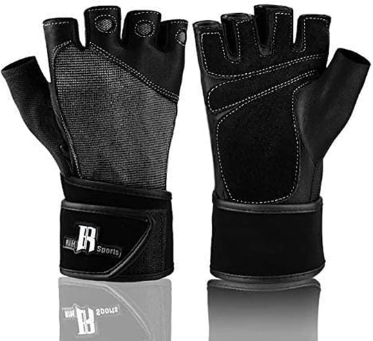 Black Premium Leather Weight Lifting Gloves with Wrist Support 