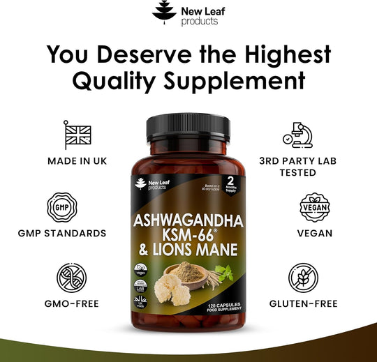 Ashwagandha KSM-66 and Lions Mane Capsules - High Strength 2000Mg KSM-66 Ashwaghandha Root Extract and Lions Mane Mushroom Extract - 120 Vegan Capsules with Black Pepper - UK Made by New Leaf