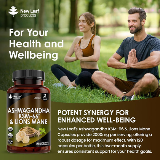Ashwagandha KSM-66 and Lions Mane Capsules - High Strength 2000Mg KSM-66 Ashwaghandha Root Extract and Lions Mane Mushroom Extract - 120 Vegan Capsules with Black Pepper - UK Made by New Leaf