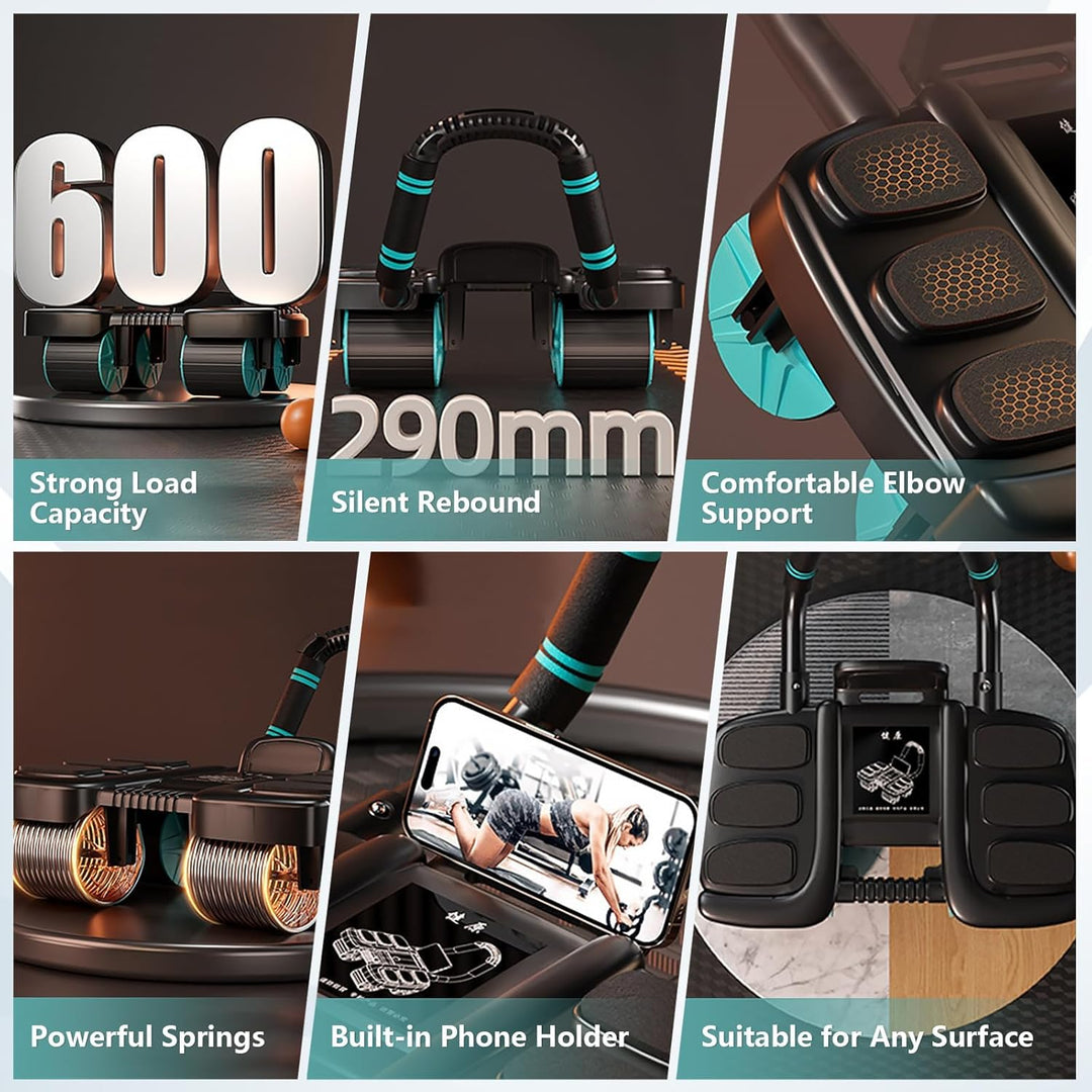 Abdominal Wheel Roller New Ab Roller Exercise Wheel Abs Workout Equipment Machine of Home Fitness Sports Sliders for Core Trainer Gym Automatic Rebound Elbow Support with Built-In Phone Holder