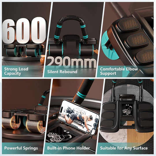 Abdominal Wheel Roller New Ab Roller Exercise Wheel Abs Workout Equipment Machine of Home Fitness Sports Sliders for Core Trainer Gym Automatic Rebound Elbow Support with Built-In Phone Holder
