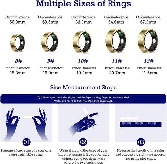 Smart Ring Health Tracker, Sleep Tracker Ring with Heart Rate, Waterproof Fitness Ring for Activity Monitoring/Steps/Distance/Calories,Air Gestures,Up to 7-Day Battery,For Ios Android (Light Gold,#12)